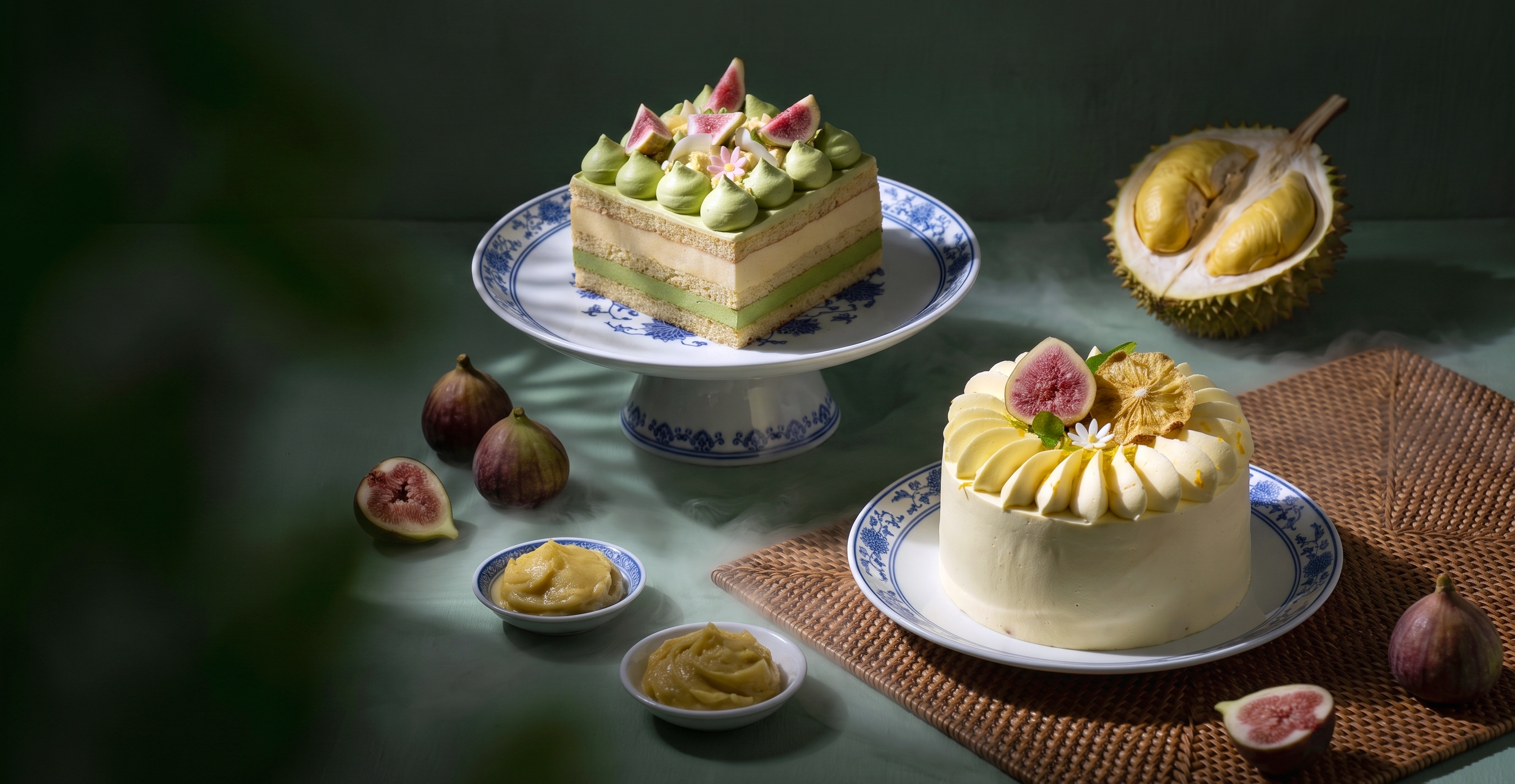 A cinematic, moody display of the Premium Durian Cake Collection featuring the Durian Pandan Layer Cheesecake and Durian Shortcake on oriental blue and white porcelain plates, by BLUEBUTTER in Perth.