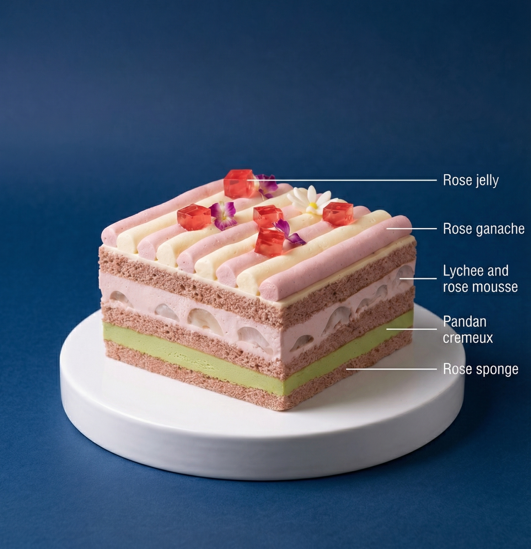 Cross-section showing layers of moist rose sponge, pandan cremeux, and lychee mousse in a French-style dessert.