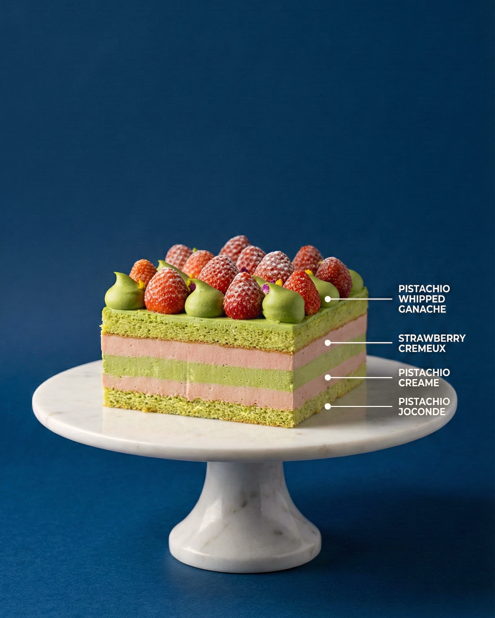 Cross-section showing smooth, airy pistachio mousse beautifully layered with refreshing strawberry crèmeux.
