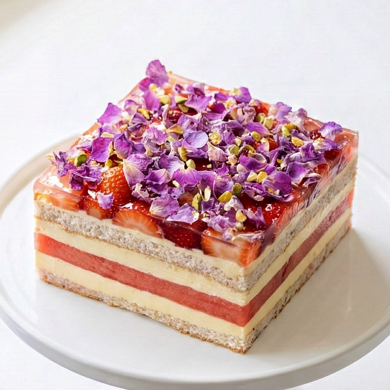 A signature gluten-free Watermelon and Strawberry Layer Cake beautifully topped with fresh strawberries, rose jelly, and pistachios, handcrafted by BLUEBUTTER Patisserie in Perth.