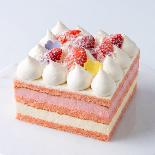 A diagram of the dreamy Strawberry Yoghurt Layer Cake showing layers of lychee mousse, strawberry sponge, and whipped ganache, by BLUEBUTTER in Perth.