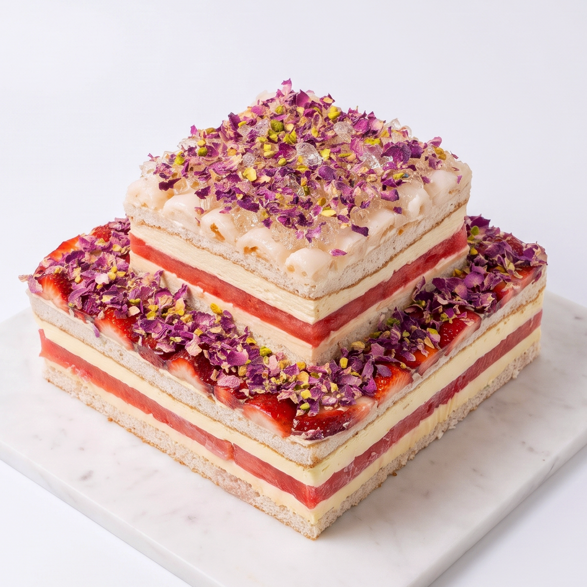 BLUEBUTTER two-tier watermelon celebration cake with fresh strawberries, watermelon layers, rose petals and crushed pistachios.
