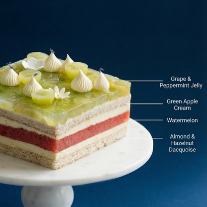 Cross-section of BLUEBUTTER’s Watermelon & Grape Layer Cake showing fresh watermelon, green apple mousse, grape mint jelly and almond hazelnut dacquoise.
