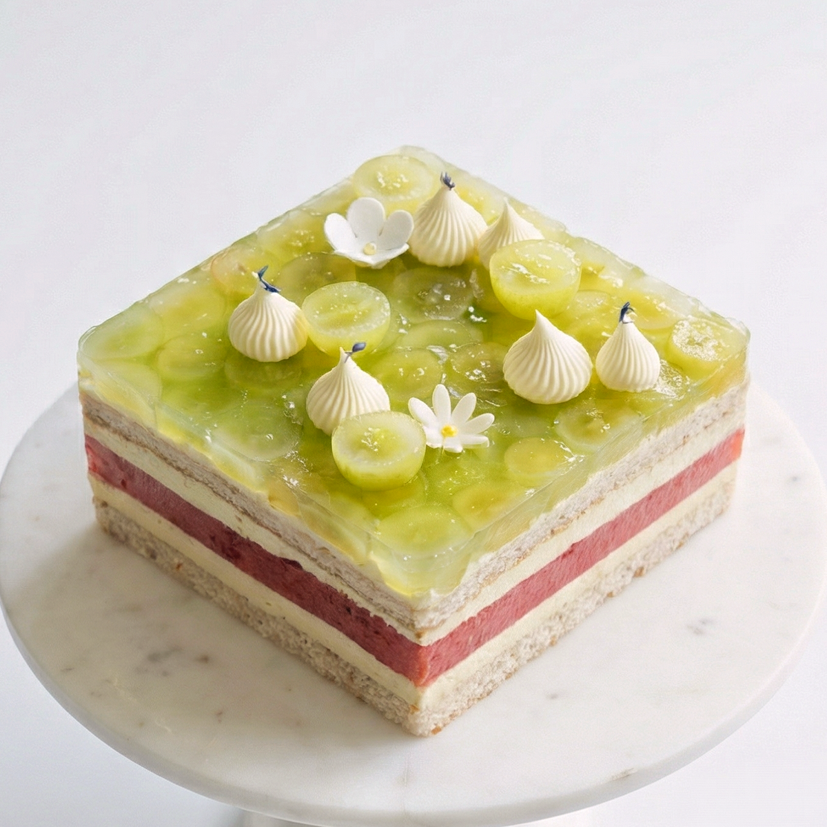 BLUEBUTTER Watermelon & Grape Layer Cake with fresh watermelon, green grapes, mint jelly and almond hazelnut dacquoise.