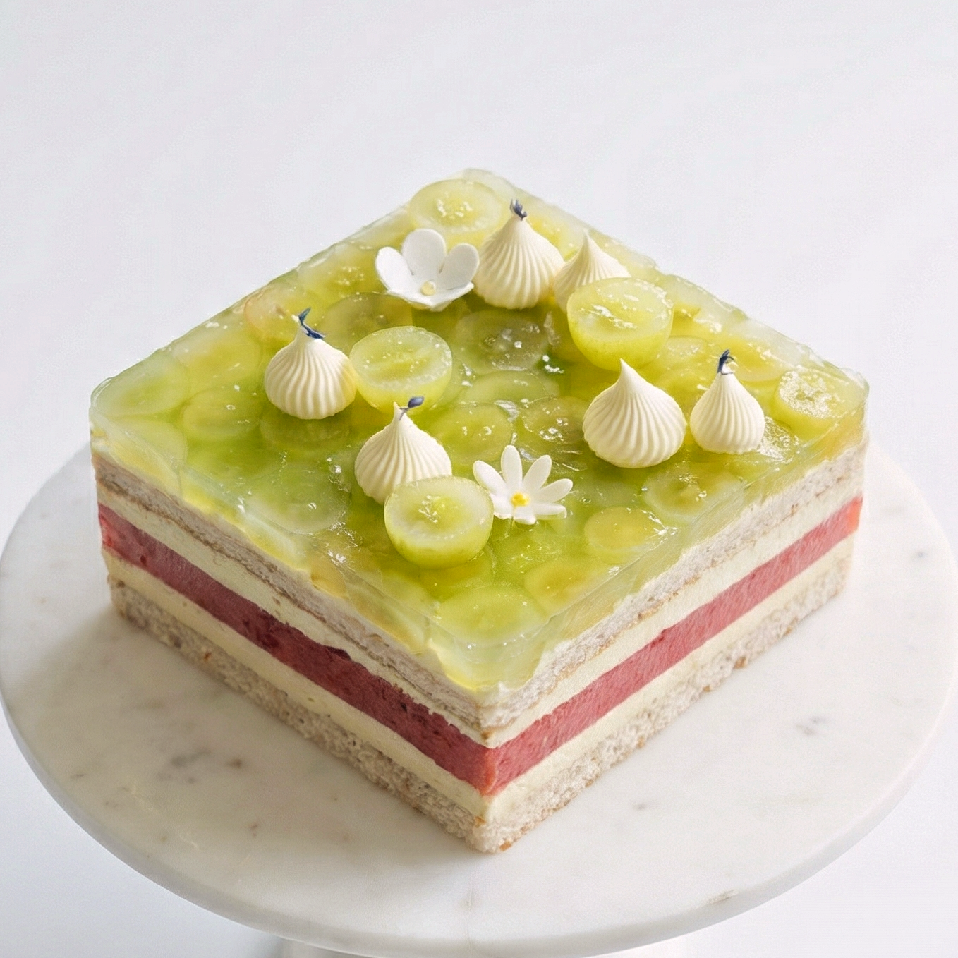 A refreshing gluten-free Watermelon and Grape Layer Cake topped with fresh green grapes and delicate mint jelly, handcrafted by BLUEBUTTER Patisserie in Canning Vale, Perth.