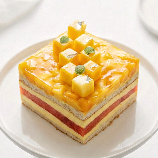 BLUEBUTTER Watermelon & Mango Layer Cake with fresh watermelon, seasonal mango, orange cream and almond hazelnut layers.