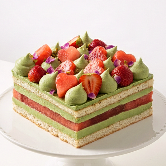 BLUEBUTTER Watermelon & Pistachio Layer Cake with fresh watermelon, pistachio cream, strawberries and crushed pistachios.