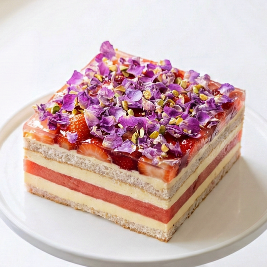 BLUEBUTTER Watermelon & Strawberry Layer Cake with fresh watermelon, rose cream, strawberries and crushed pistachios.