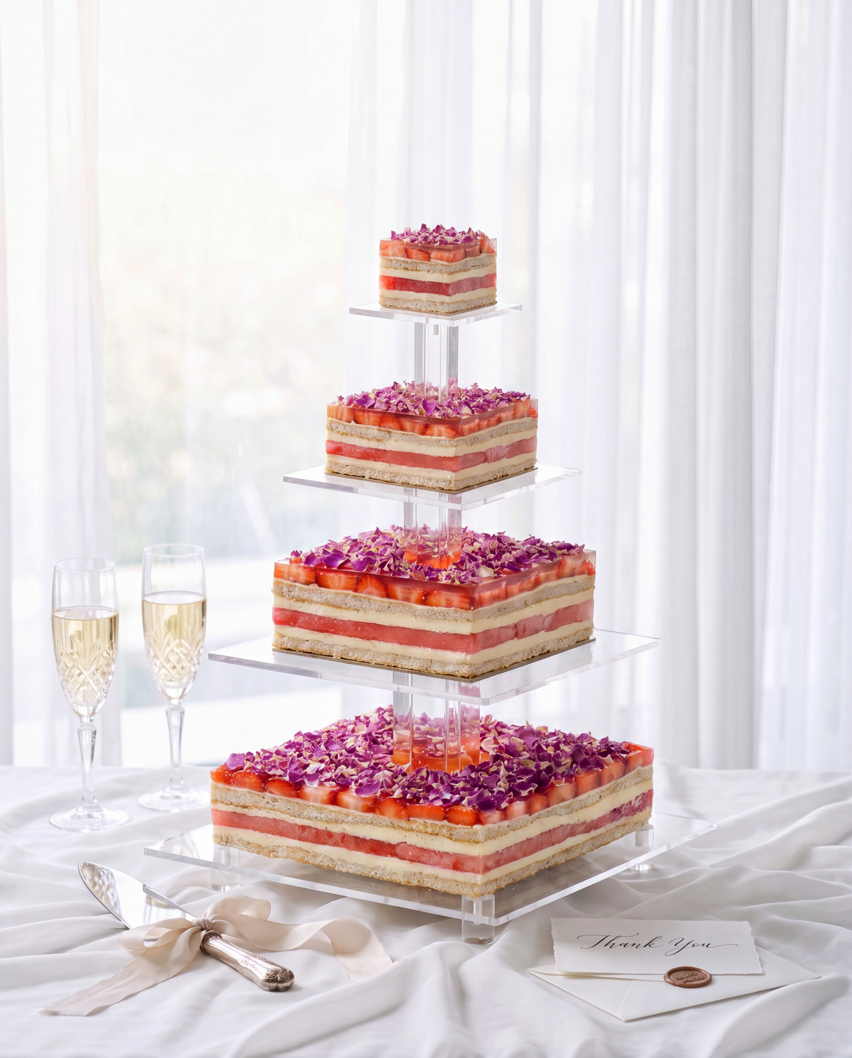 BLUEBUTTER multi-tier Watermelon & Strawberry Wedding Cake with fresh strawberries, watermelon layers and elegant wedding decoration.