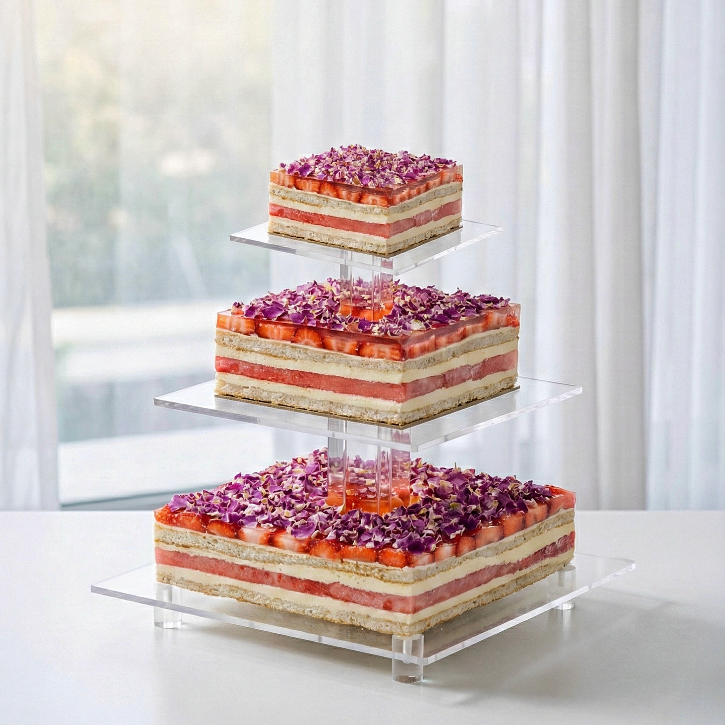 A stunning multi-tiered Watermelon and Strawberry Wedding Cake elegantly decorated with fresh fruits, handcrafted by BLUEBUTTER Patisserie in Perth.