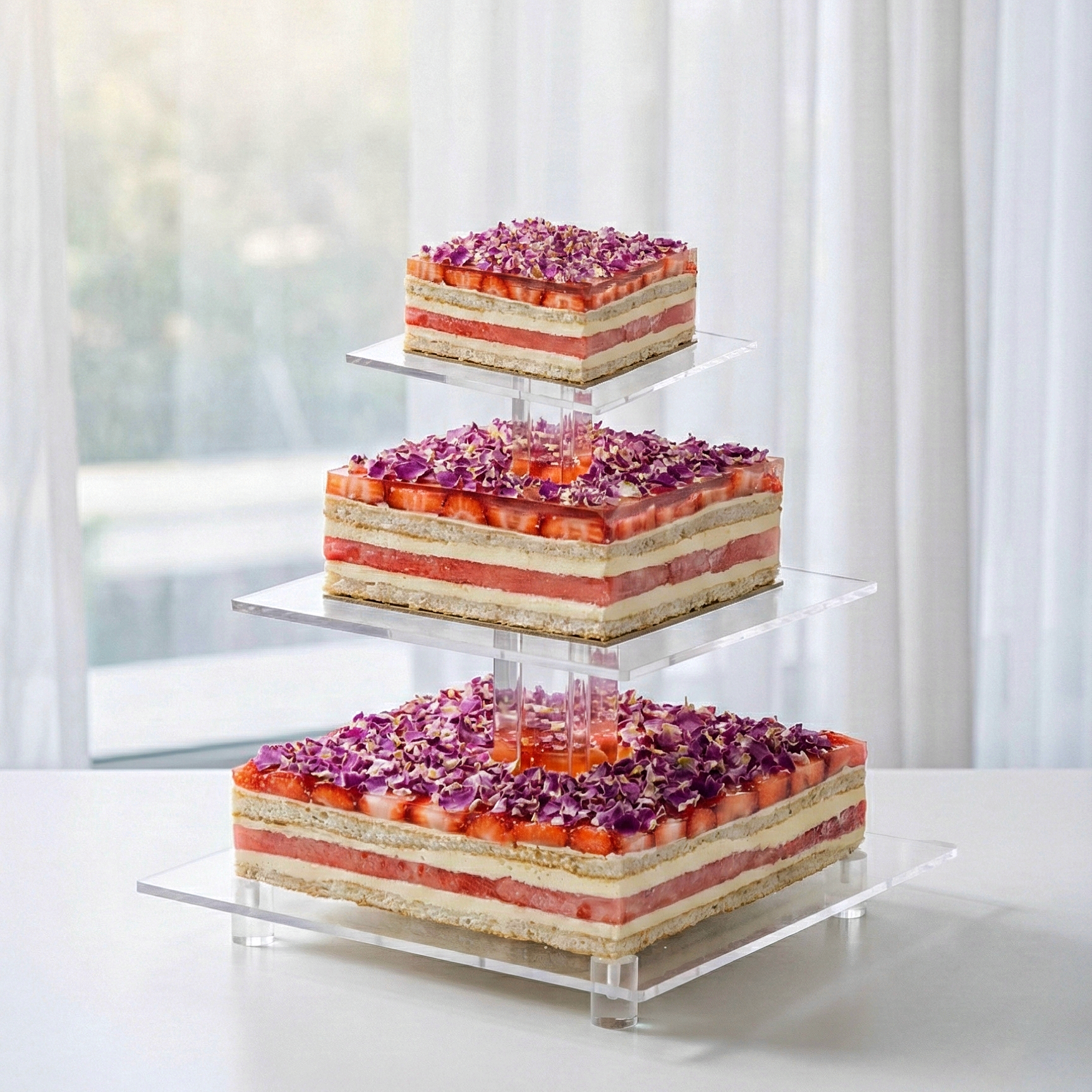 A stunning multi-tiered Watermelon and Strawberry Wedding Cake elegantly decorated with fresh fruits, handcrafted by BLUEBUTTER Patisserie in Perth.